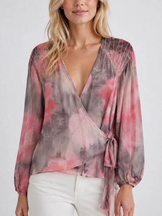 Ted Baker Tops - Ted Baker Emiliah Pink Floral Wrap Blouse Long Sleeve Tie Front Top 25713